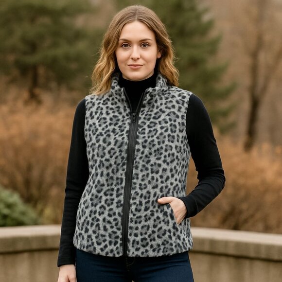 Reversible Leopard Zip Vest Faux Fur Size L Black Quilted Trendy Cozy Layering - Picture 1 of 11